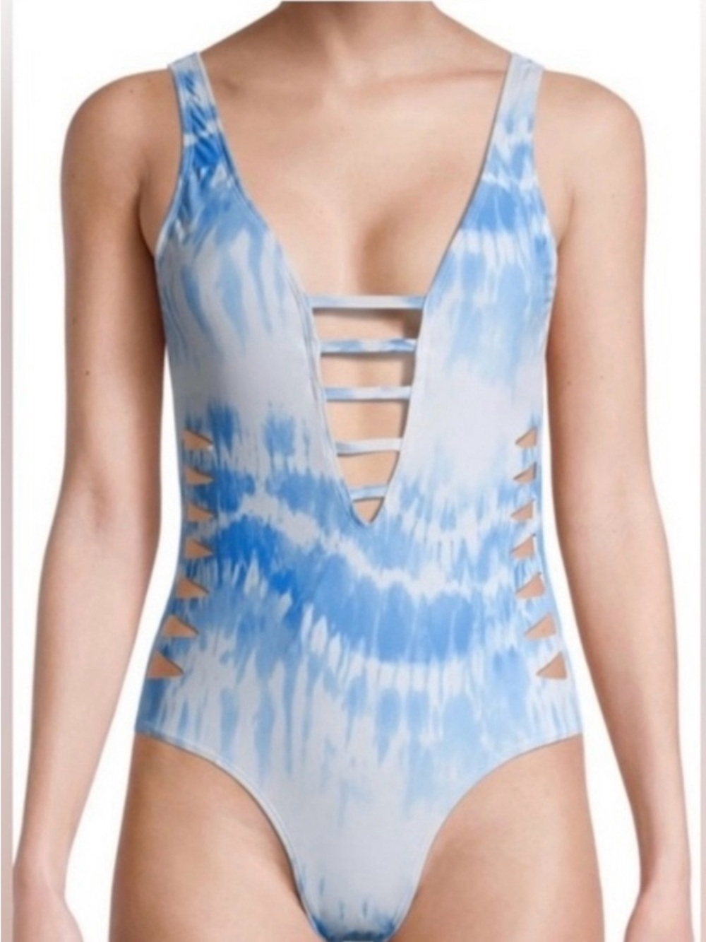 🎻XOXO White and Light Blue Tie-Dye Plunge One-Piece, NWT
